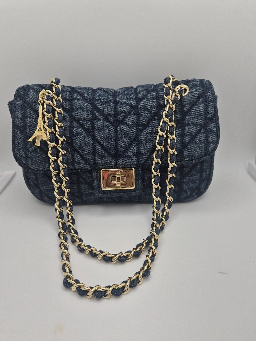 Karl Lagerfeld Blue Quilted Chain Shoulder Bag with Gold Hardware K